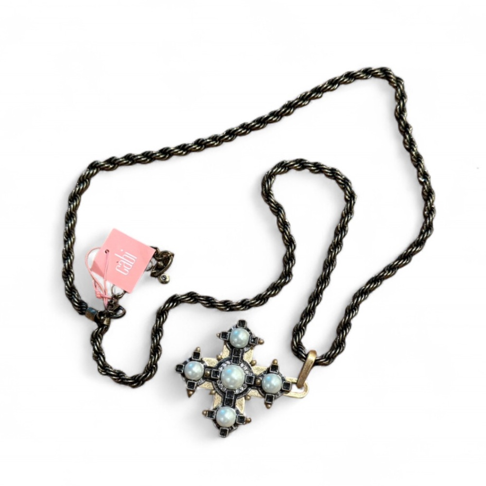 CABi Gothic Maltese Cross Faux Pearl Rhinestone Pendant Necklace 34”